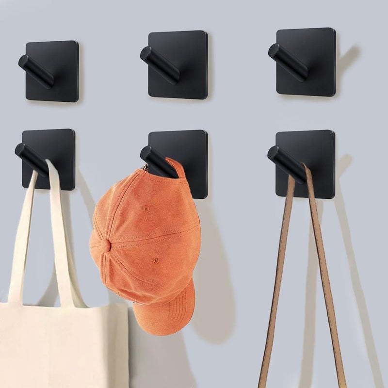EDMILE Adhesive Towel Hooks 6 Pack, Bath Towel Hooks, Adhesive Wall Hooks for Bathroom Coat Robe Kitchen, Stainless Steel self-Adhesive Hooks, Black - Image 1